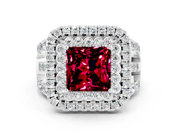 Silver Princess Cut Garnet Double Halo Ring with Round Pavé Split Shank and Prong Setting