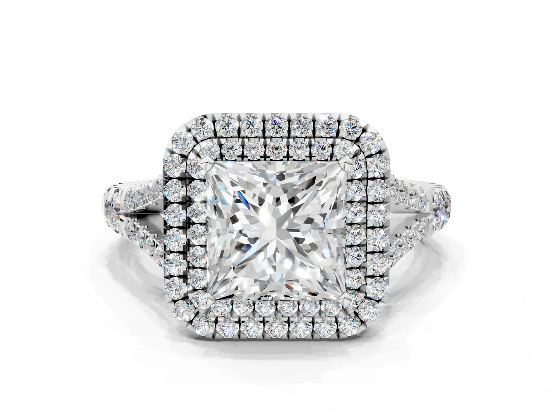 White gold Double Halo Princess Cut Diamond Split Shank Ring with Four Prong Setting_45