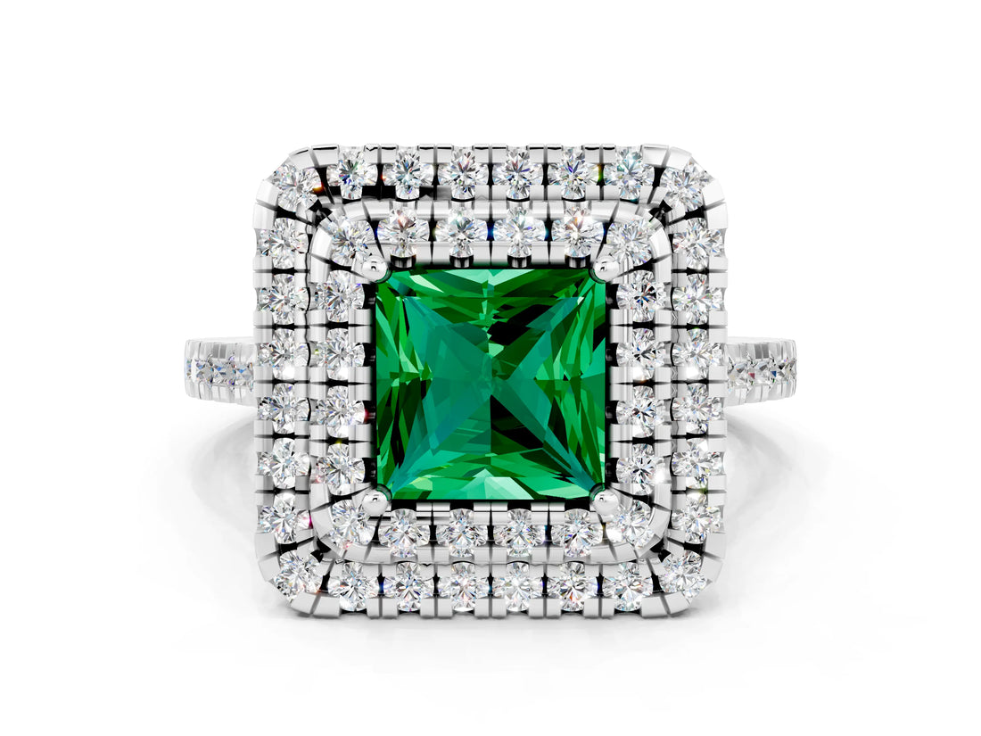White gold Double Halo Princess Cut Emerald Pavé Band with Four-Prong Setting
