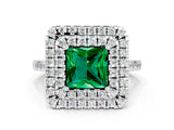 White gold Double Halo Princess Cut Emerald Pavé Band with Four-Prong Setting