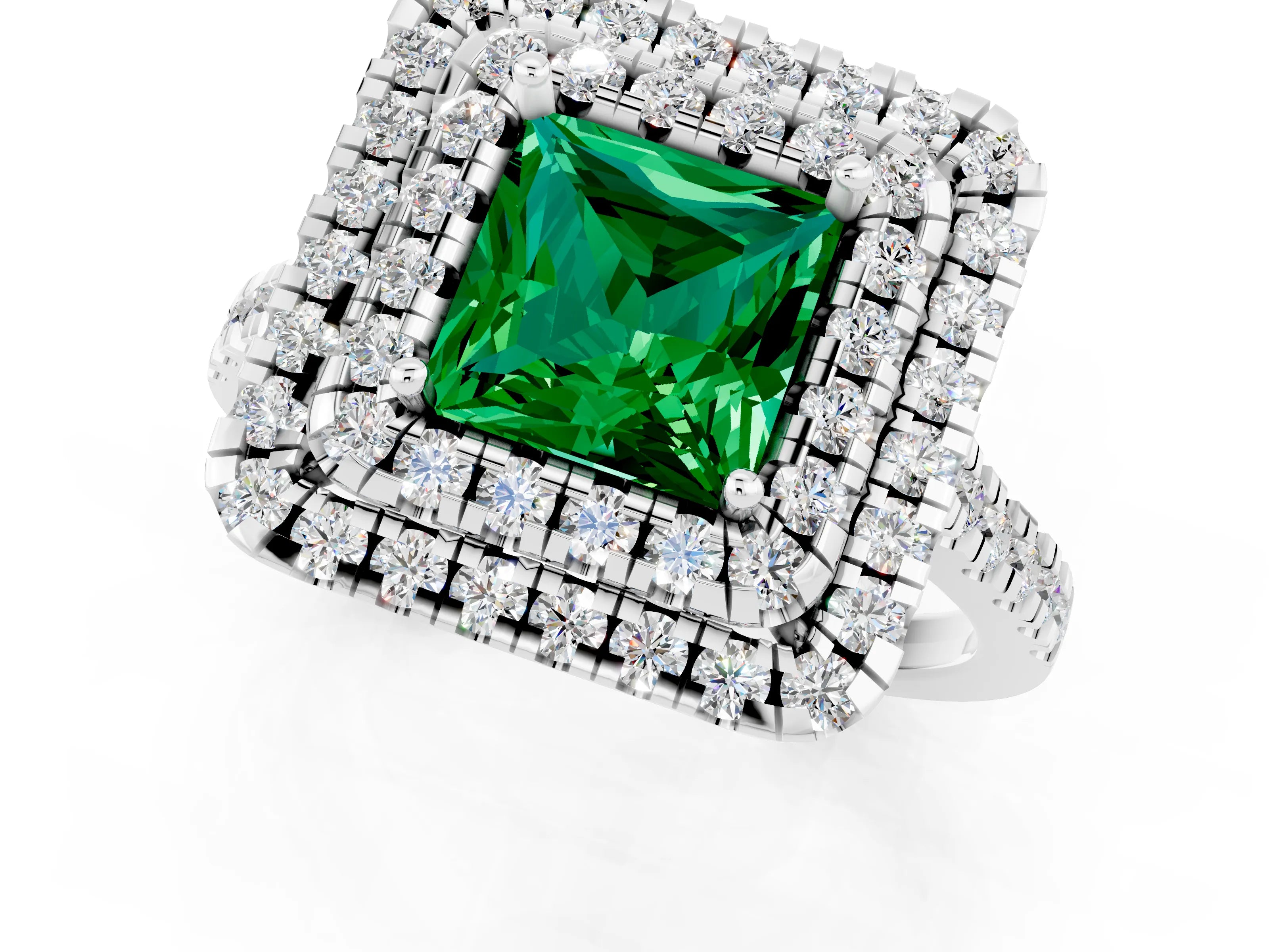 White gold Double Halo Princess Cut Emerald Pavé Band with Four-Prong Setting_1