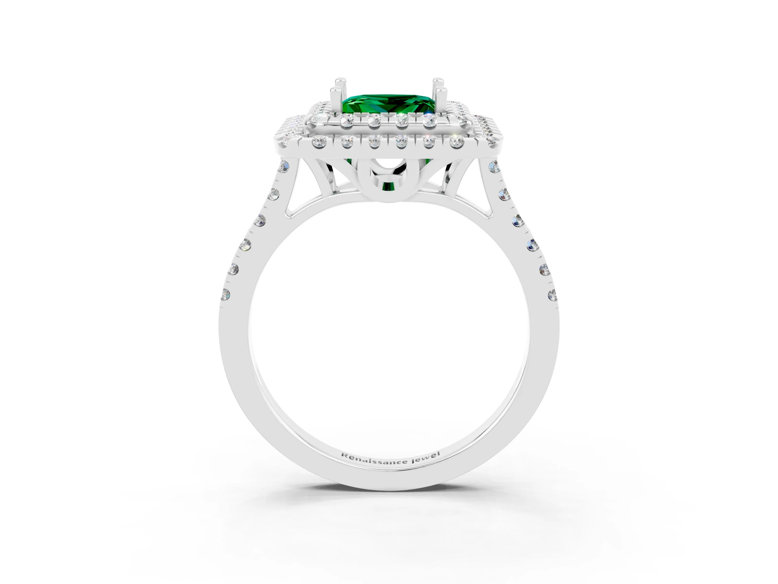 White gold Double Halo Princess Cut Emerald Pavé Band with Four-Prong Setting_3