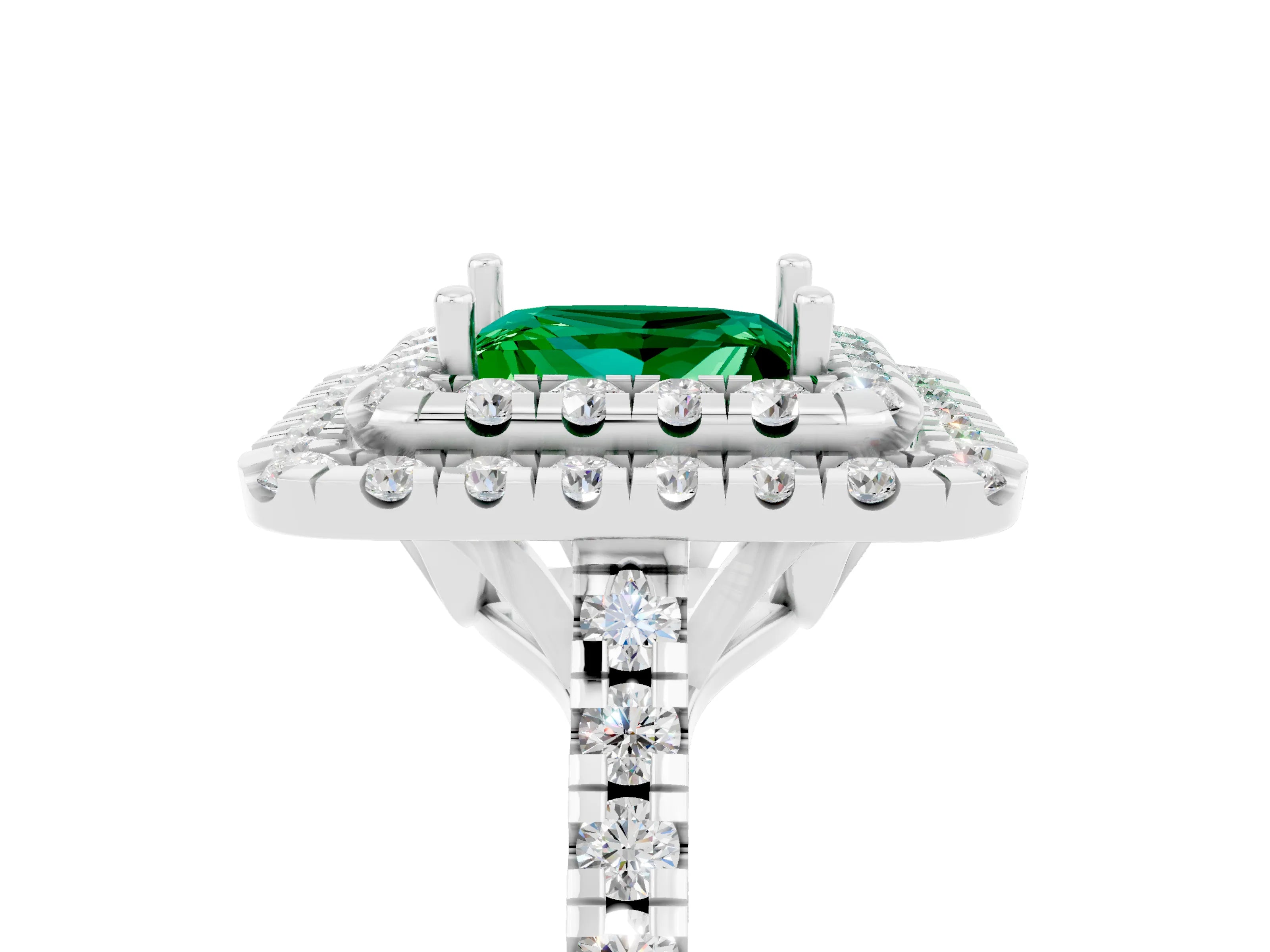White gold Double Halo Princess Cut Emerald Pavé Band with Four-Prong Setting_5