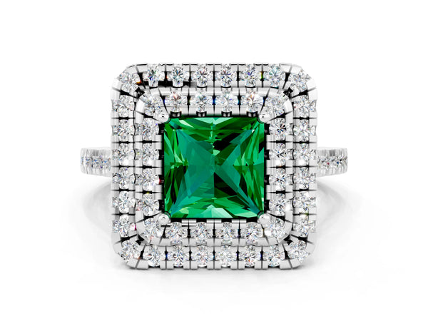 Silver Double Halo Princess Cut Emerald Pavé Band with Four-Prong Setting