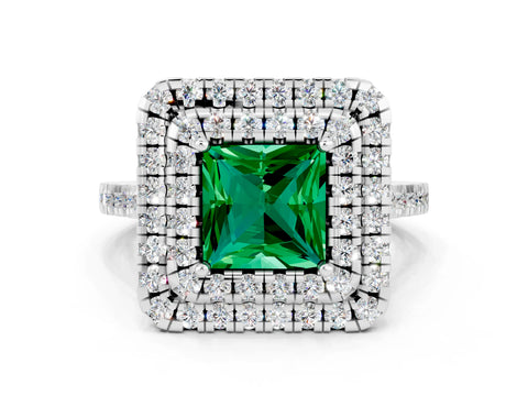 White gold Double Halo Princess Cut Emerald Pavé Band with Four-Prong Setting