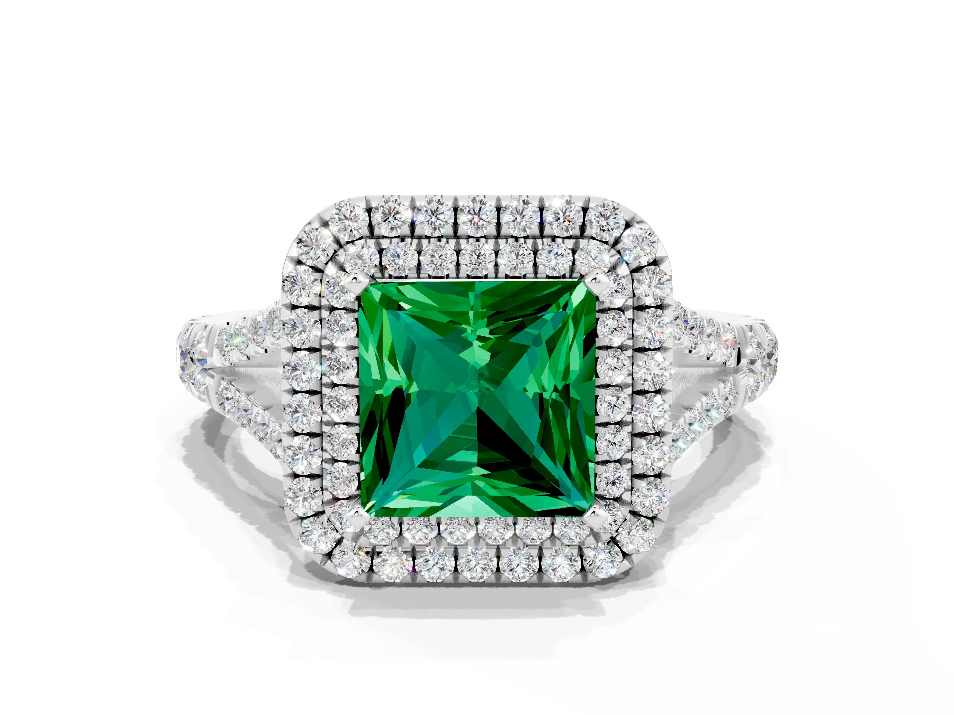 White gold Double Halo Princess Cut Emerald Pavé Split Shank Ring with Prong Setting