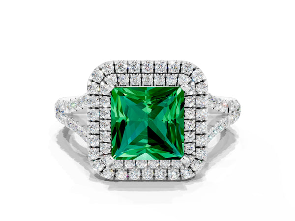 Platinum Double Halo Princess Cut Emerald Pavé Split Shank Ring with Prong Setting