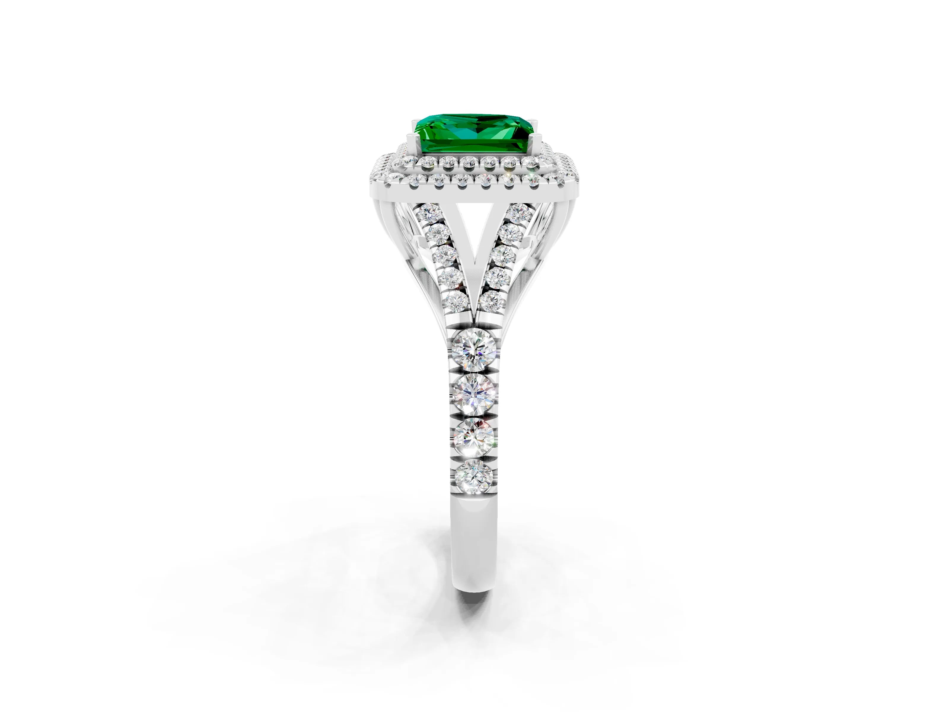 White gold Double Halo Princess Cut Emerald Pavé Split Shank Ring with Prong Setting_2