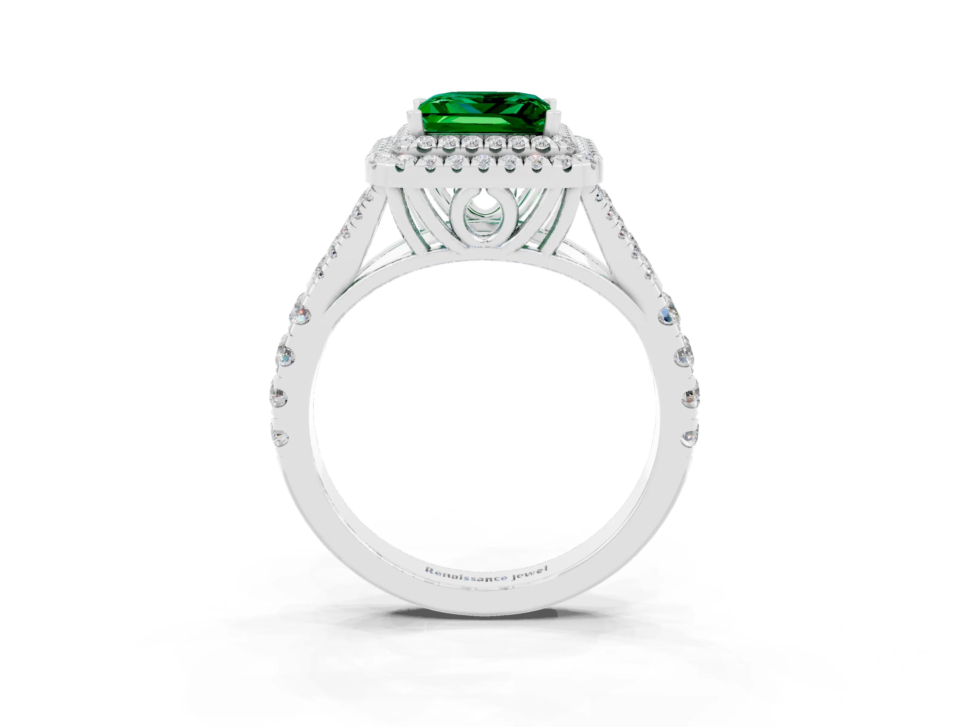 White gold Double Halo Princess Cut Emerald Pavé Split Shank Ring with Prong Setting_3