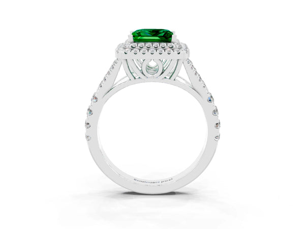Platinum Double Halo Princess Cut Emerald Pavé Split Shank Ring with Prong Setting