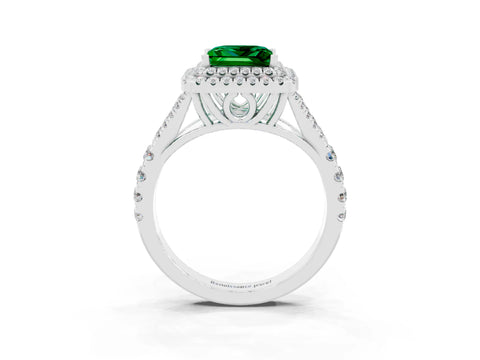 White gold Double Halo Princess Cut Emerald Pavé Split Shank Ring with Prong Setting_3