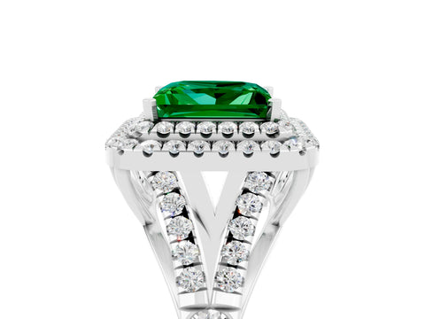 White gold Double Halo Princess Cut Emerald Pavé Split Shank Ring with Prong Setting_5