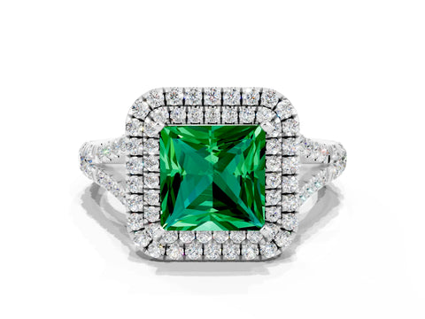 White gold Double Halo Princess Cut Emerald Pavé Split Shank Ring with Prong Setting