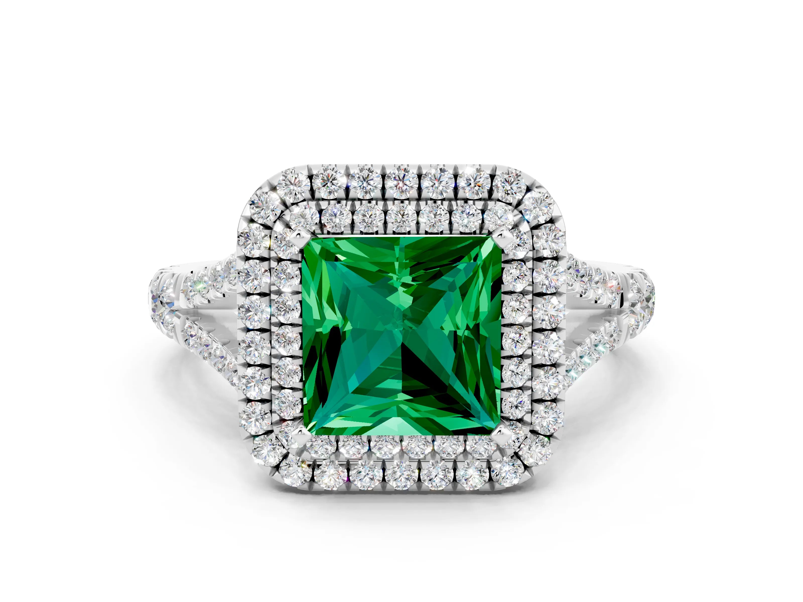 White gold Double Halo Princess Cut Emerald Split Shank Engagement Ring with Four-Prong Setting