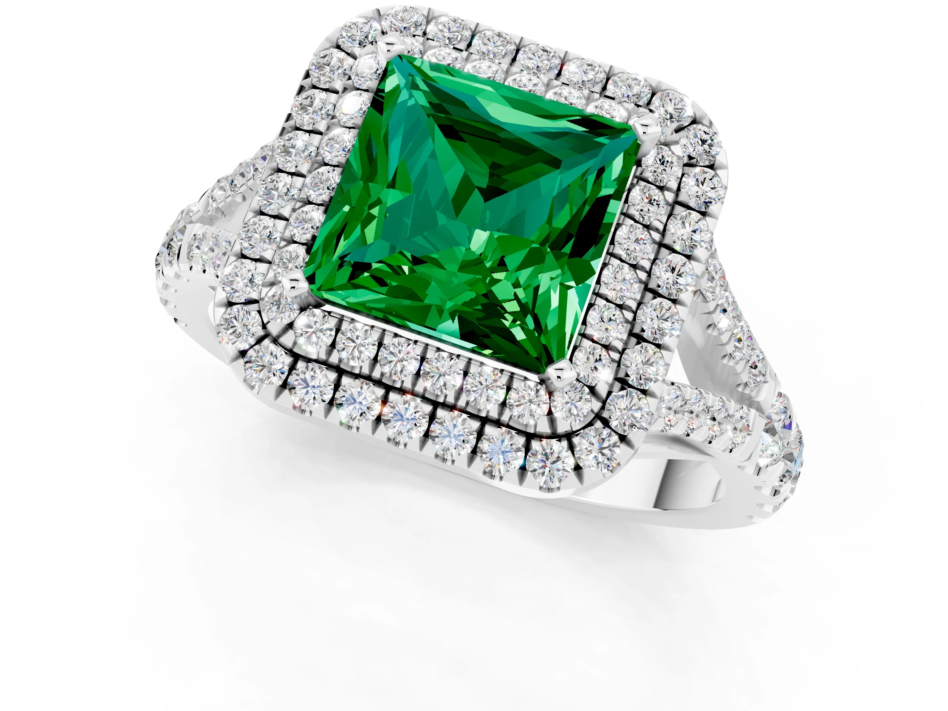 White gold Double Halo Princess Cut Emerald Split Shank Engagement Ring with Four-Prong Setting_1