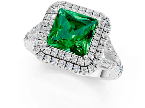 White gold Double Halo Princess Cut Emerald Split Shank Engagement Ring with Four-Prong Setting_1