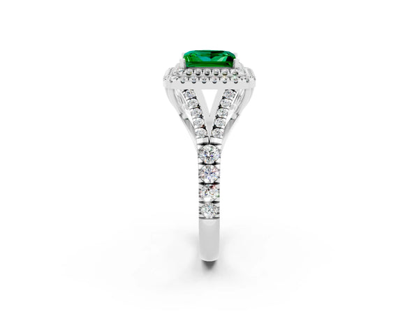 Platinum Double Halo Princess Cut Emerald Split Shank Engagement Ring with Four-Prong Setting