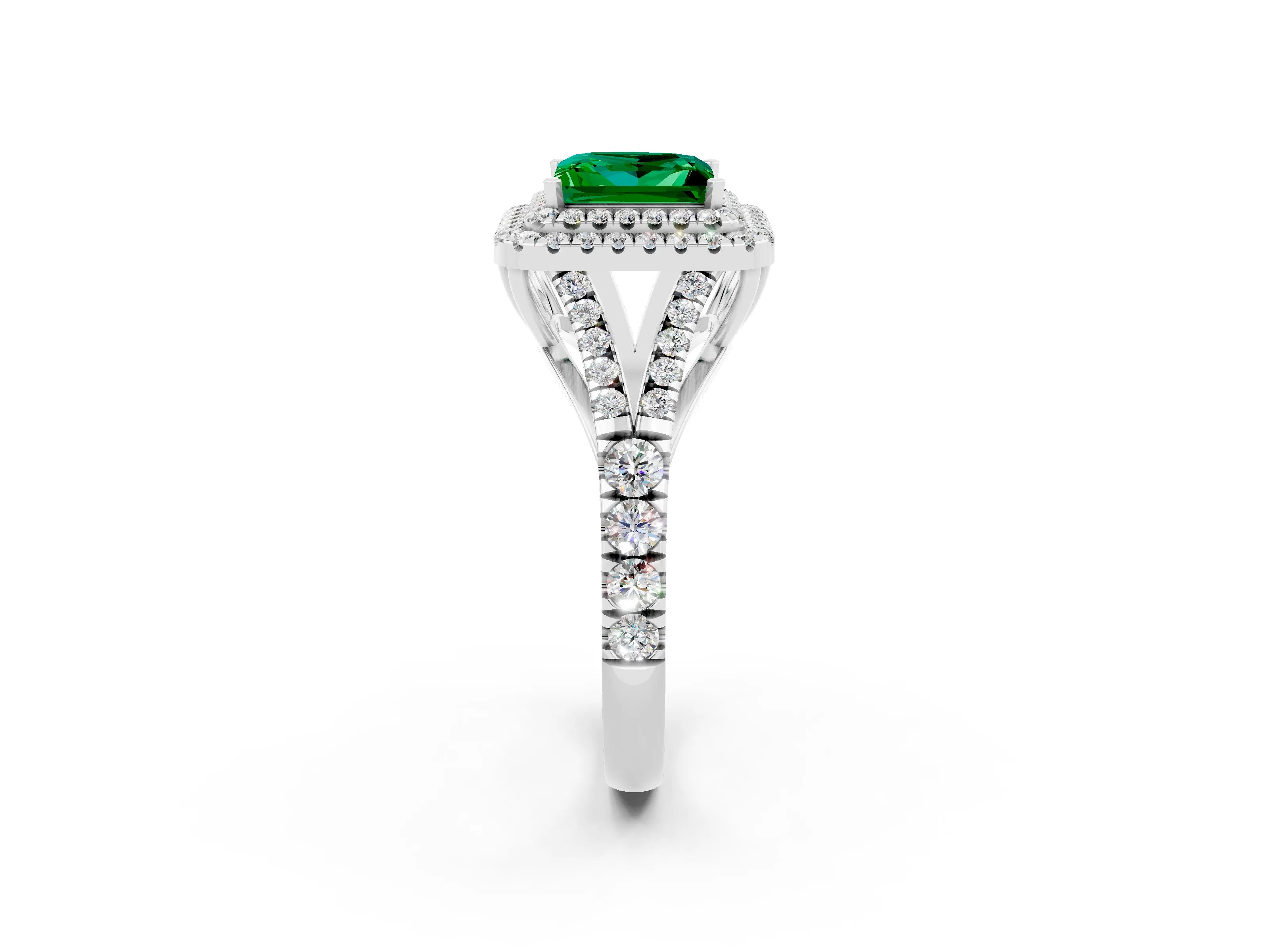 White gold Double Halo Princess Cut Emerald Split Shank Engagement Ring with Four-Prong Setting_2