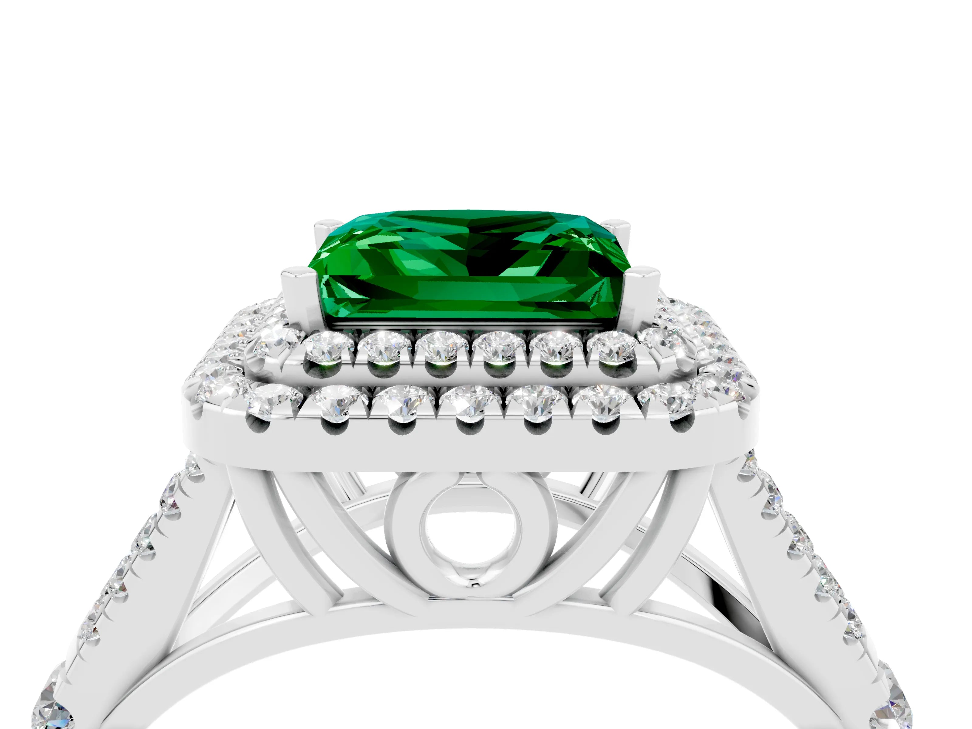 White gold Double Halo Princess Cut Emerald Split Shank Engagement Ring with Four-Prong Setting_4