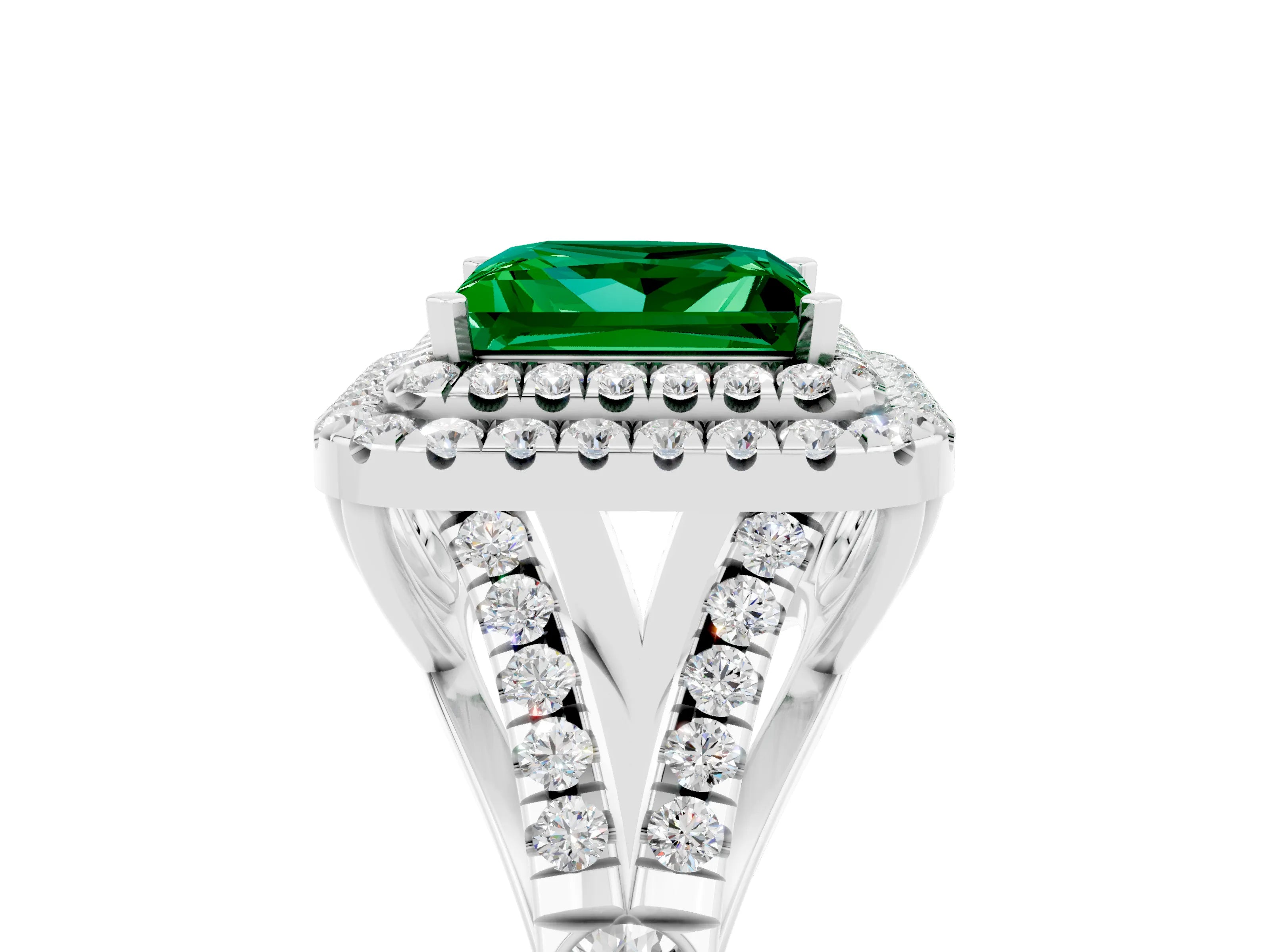 White gold Double Halo Princess Cut Emerald Split Shank Engagement Ring with Four-Prong Setting_5