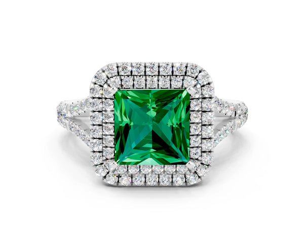 Silver Double Halo Princess Cut Emerald Split Shank Engagement Ring with Four-Prong Setting