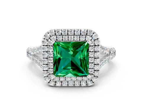 White gold Double Halo Princess Cut Emerald Split Shank Engagement Ring with Four-Prong Setting