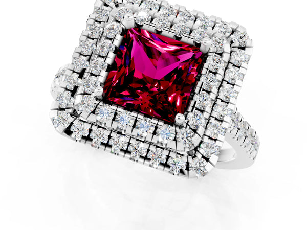 Platinum Double Halo Princess Cut Garnet Pavé Band with Four-Prong Setting