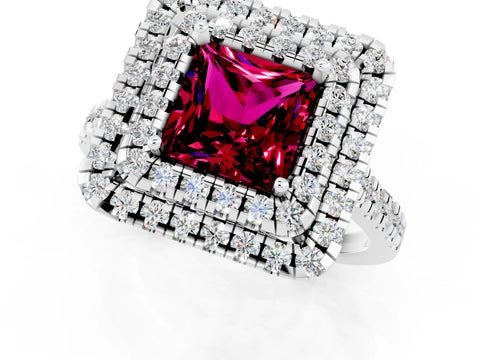 White gold Double Halo Princess Cut Garnet Pavé Band with Four-Prong Setting_1