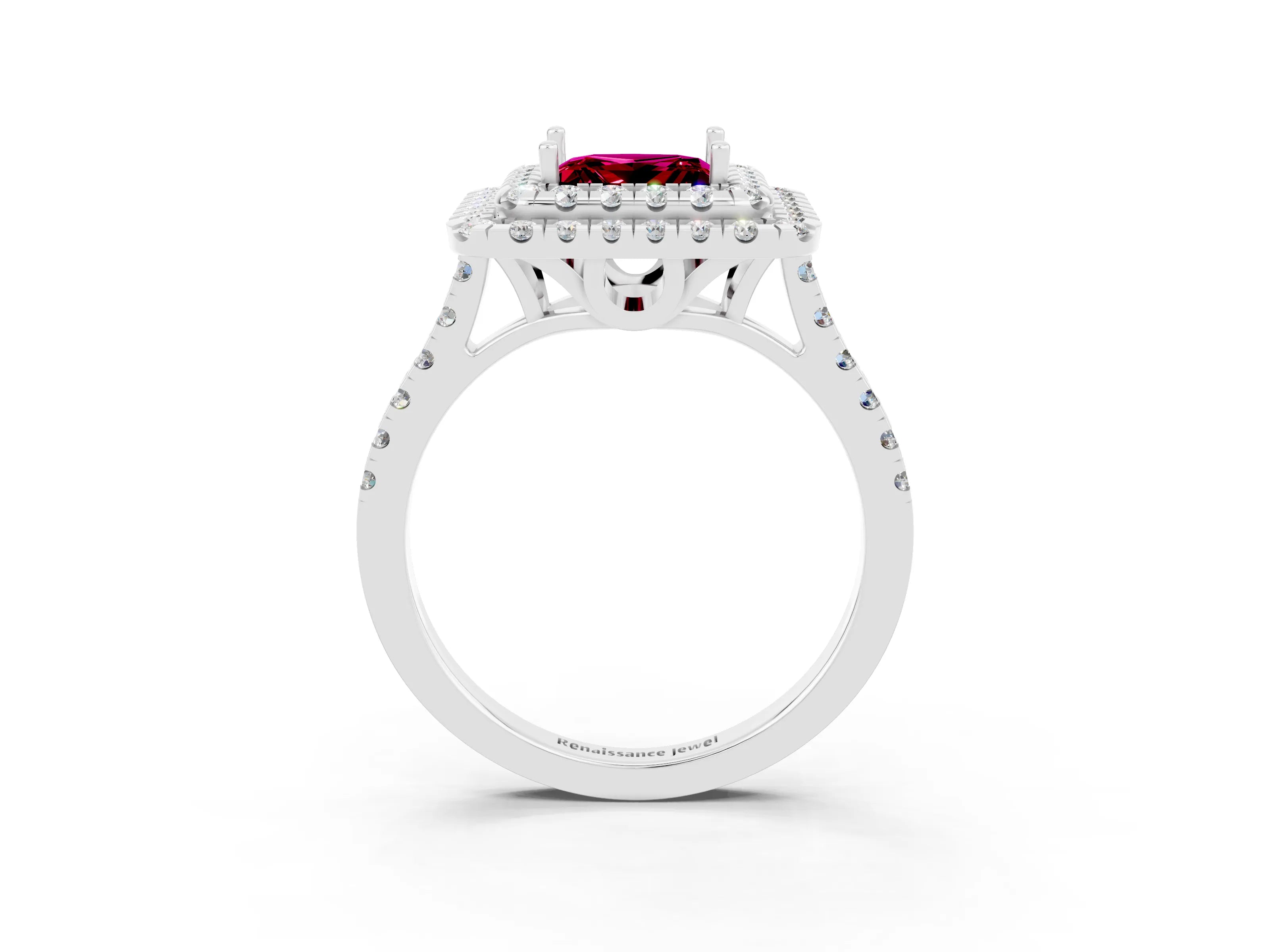 White gold Double Halo Princess Cut Garnet Pavé Band with Four-Prong Setting_3