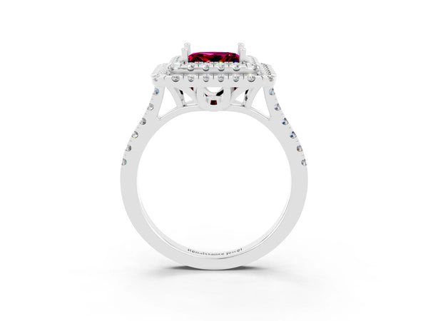 Platinum Double Halo Princess Cut Garnet Pavé Band with Four-Prong Setting