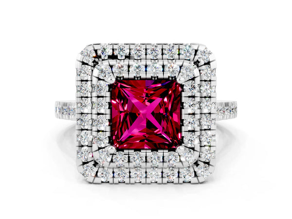White gold Double Halo Princess Cut Garnet Pavé Band with Four-Prong Setting