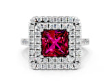White gold Double Halo Princess Cut Garnet Pavé Band with Four-Prong Setting