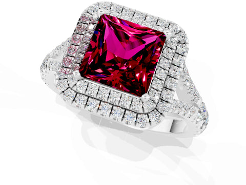 White gold Double Halo Princess Cut Garnet Pavé Split Shank Ring with Prong Setting_1