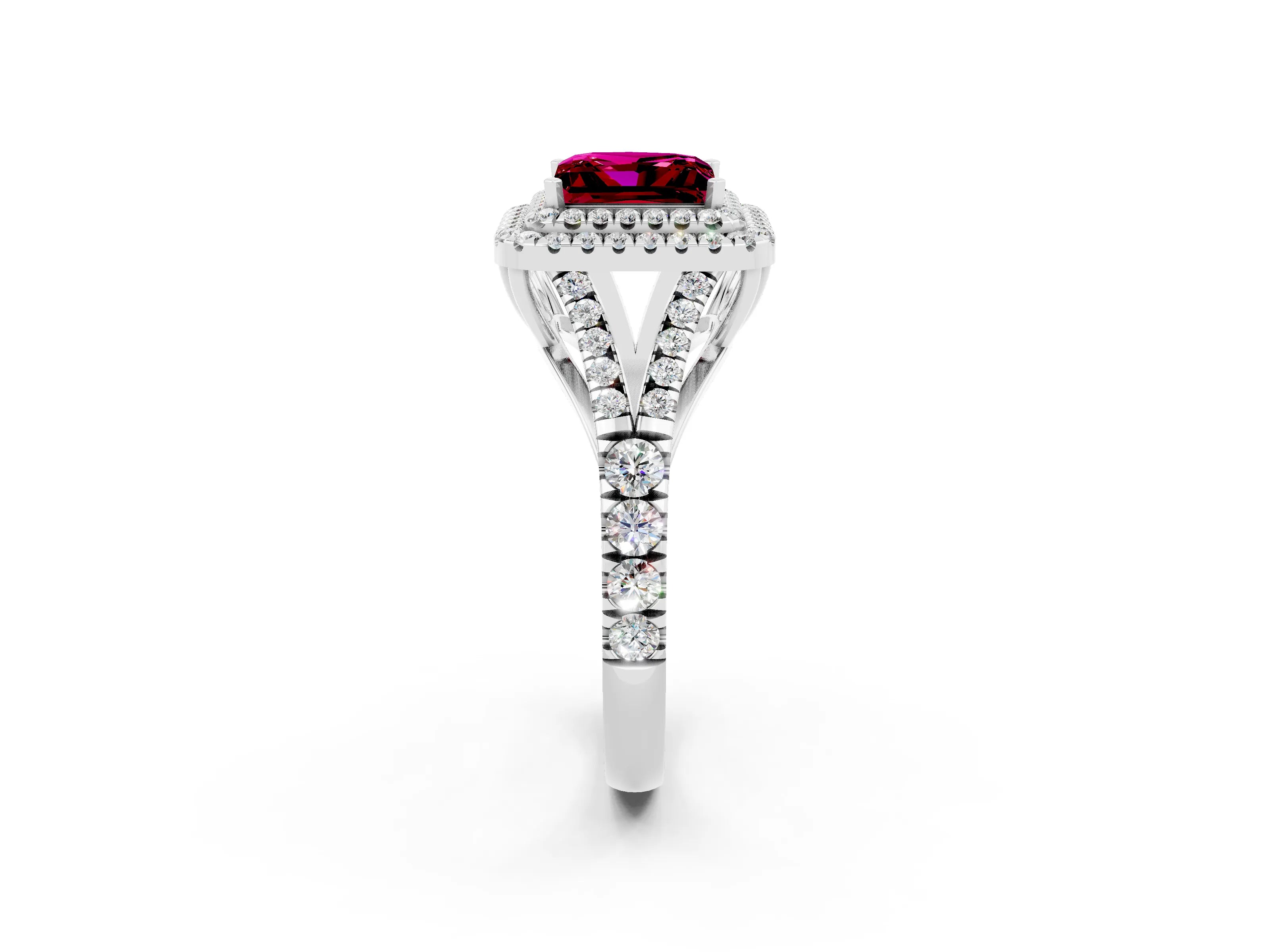 White gold Double Halo Princess Cut Garnet Pavé Split Shank Ring with Prong Setting_2