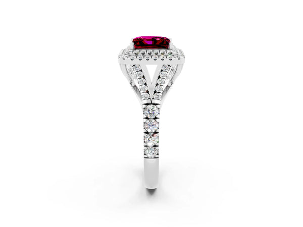 Silver Double Halo Princess Cut Garnet Pavé Split Shank Ring with Prong Setting