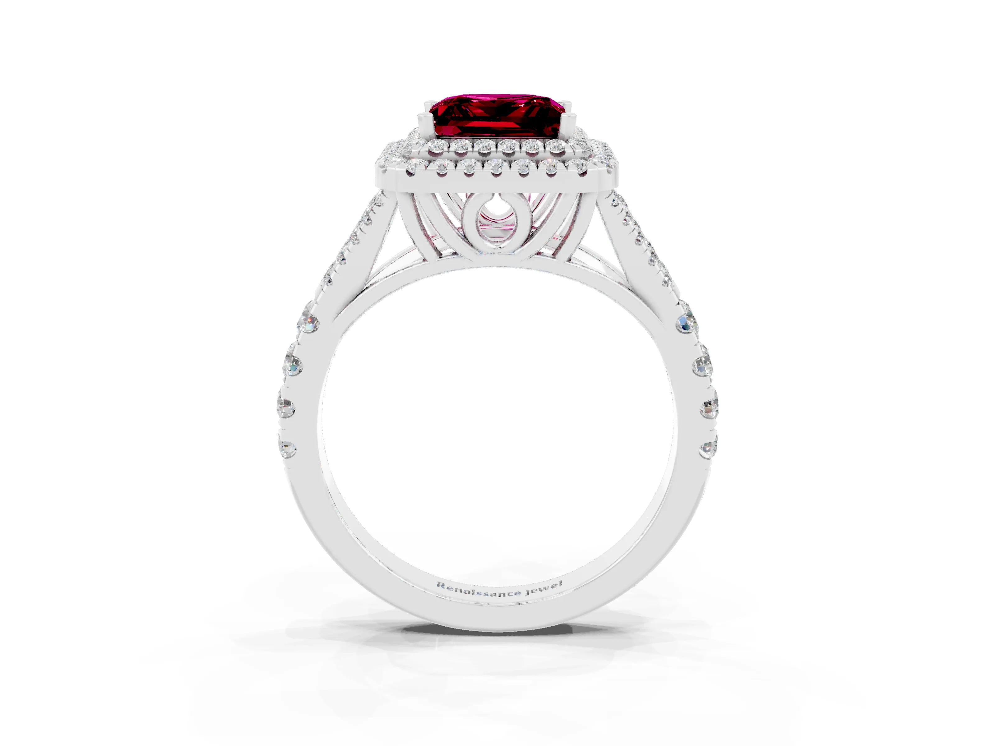 White gold Double Halo Princess Cut Garnet Pavé Split Shank Ring with Prong Setting_3