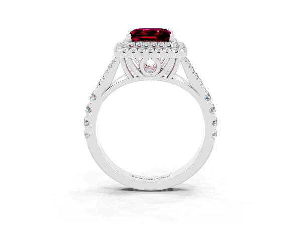 White gold Double Halo Princess Cut Garnet Pavé Split Shank Ring with Prong Setting