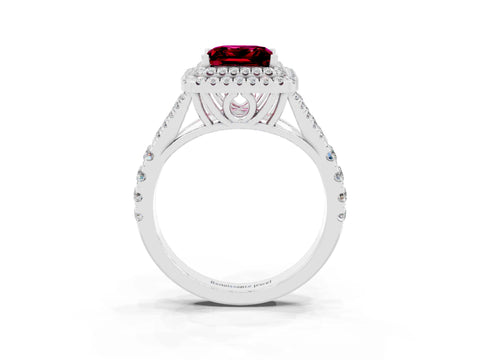 White gold Double Halo Princess Cut Garnet Pavé Split Shank Ring with Prong Setting_3