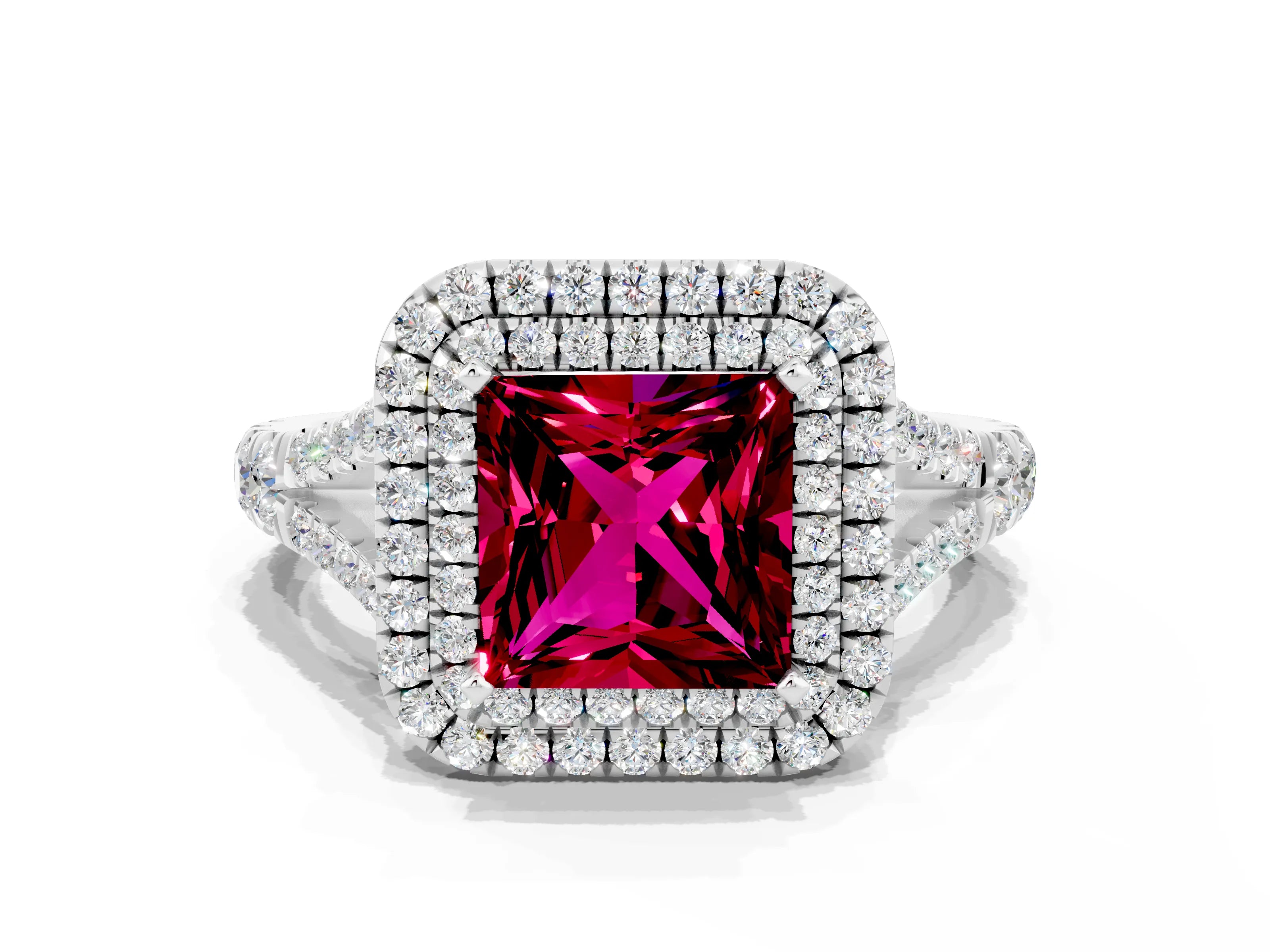 White gold Double Halo Princess Cut Garnet Pavé Split Shank Ring with Prong Setting