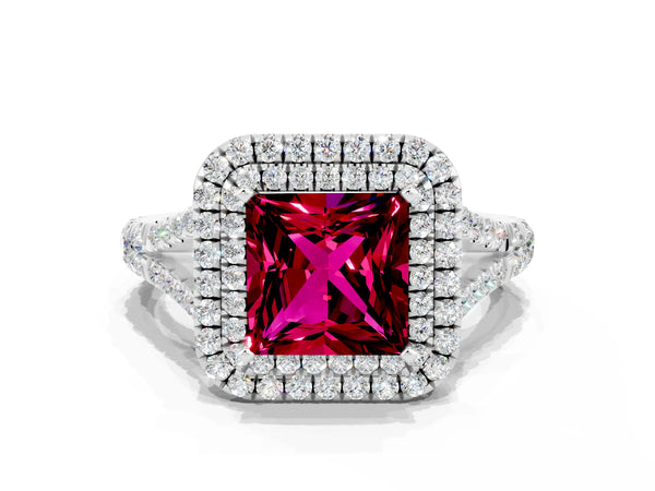 White gold Double Halo Princess Cut Garnet Pavé Split Shank Ring with Prong Setting