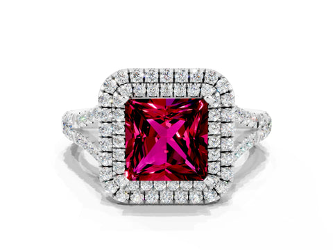 White gold Double Halo Princess Cut Garnet Pavé Split Shank Ring with Prong Setting