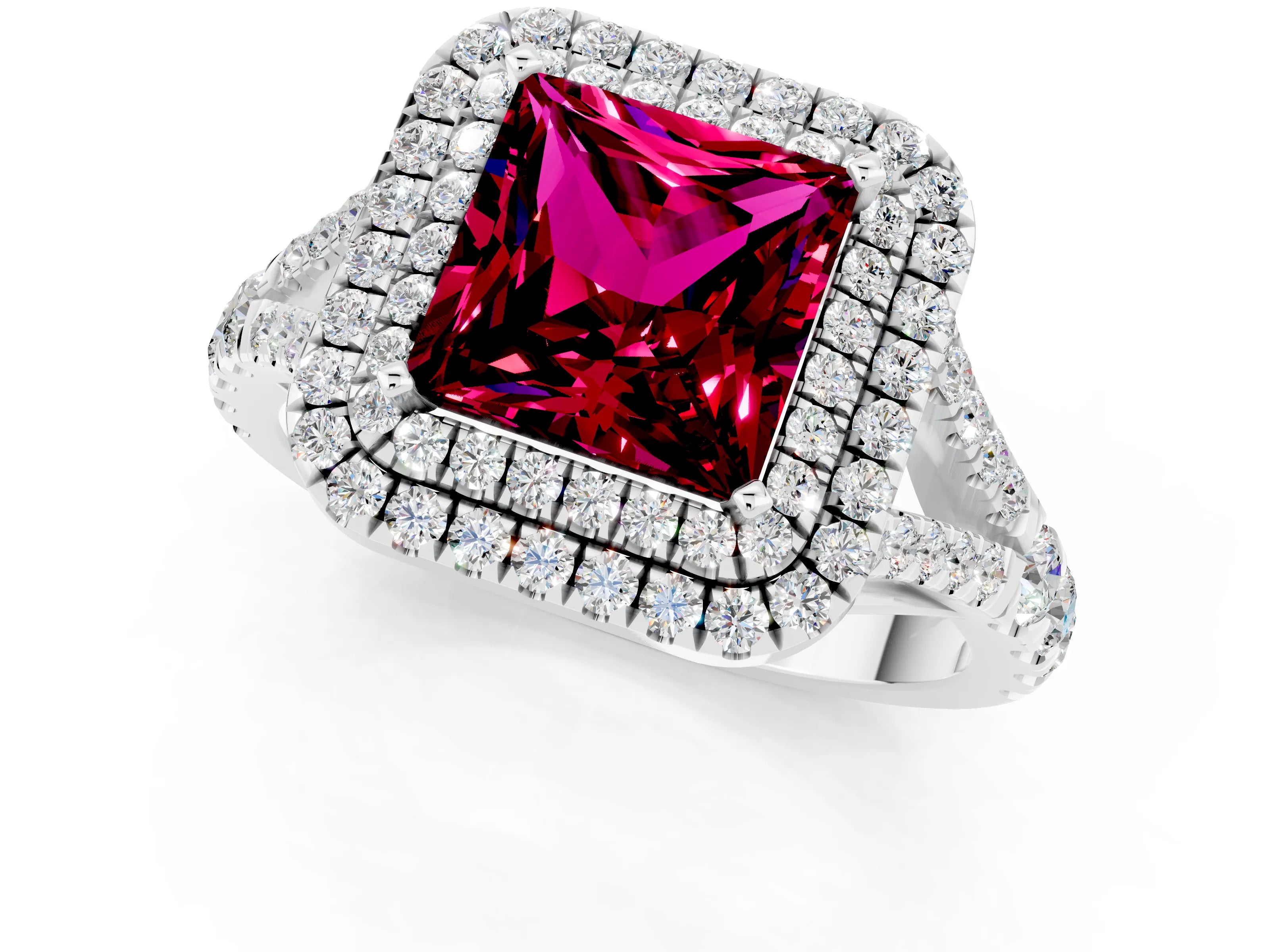 White gold Double Halo Princess Cut Garnet Split Shank Engagement Ring with Four-Prong Setting_1