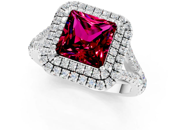 White gold Double Halo Princess Cut Garnet Split Shank Engagement Ring with Four-Prong Setting