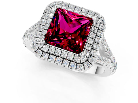 White gold Double Halo Princess Cut Garnet Split Shank Engagement Ring with Four-Prong Setting_1