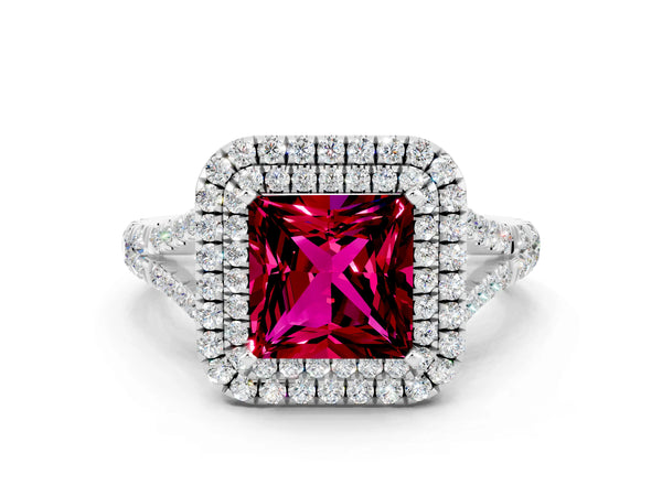 White gold Double Halo Princess Cut Garnet Split Shank Engagement Ring with Four-Prong Setting