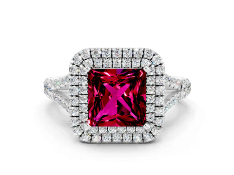 White gold Double Halo Princess Cut Garnet Split Shank Engagement Ring with Four-Prong Setting