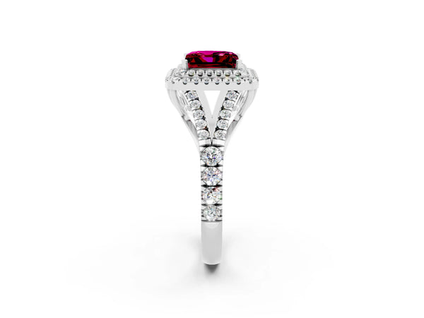 Platinum Double Halo Princess Cut Garnet Split Shank Engagement Ring with Four-Prong Setting