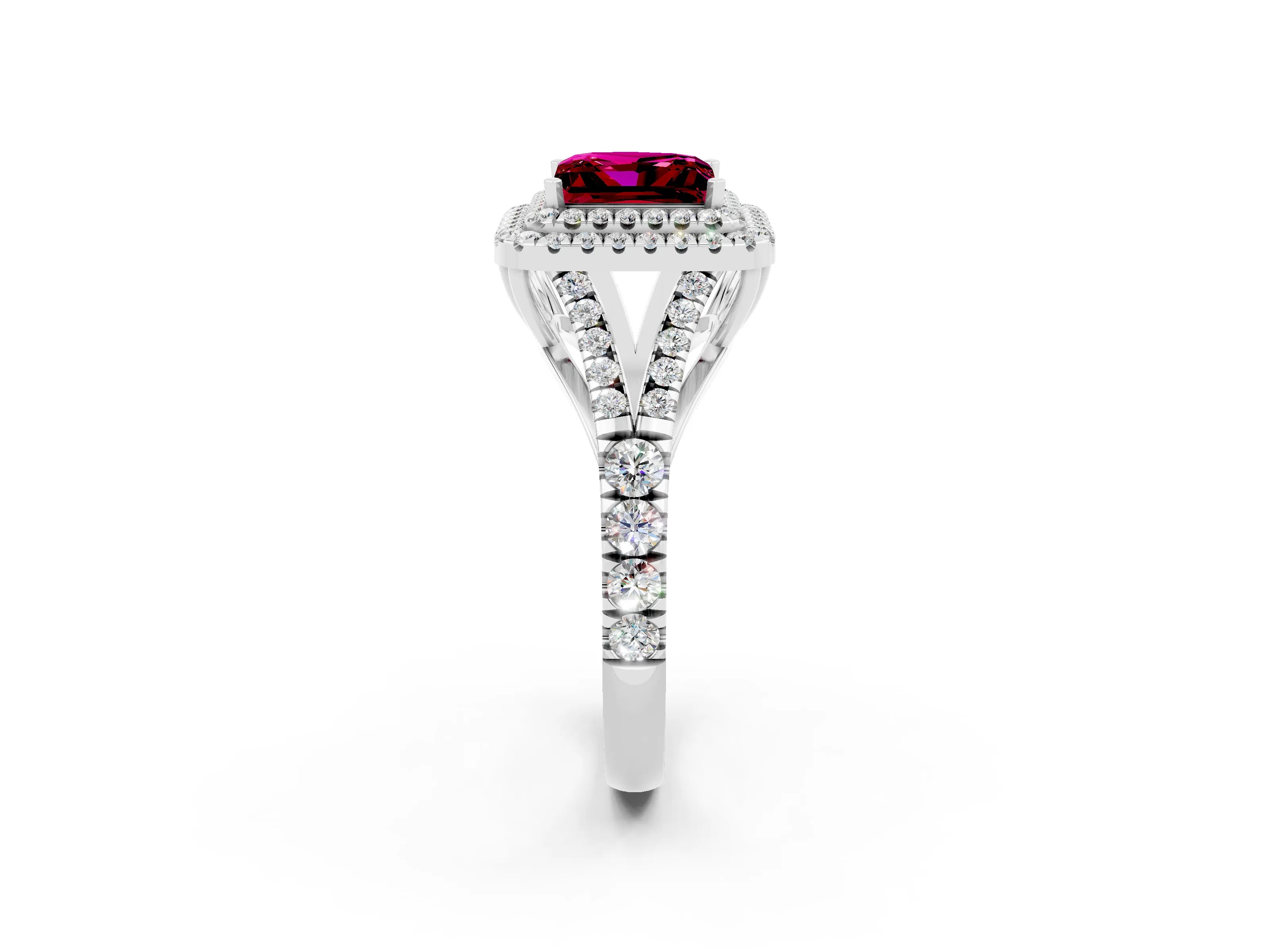 White gold Double Halo Princess Cut Garnet Split Shank Engagement Ring with Four-Prong Setting_2