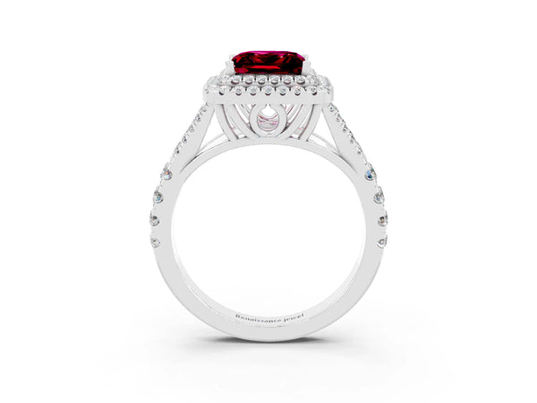 Platinum Double Halo Princess Cut Garnet Split Shank Engagement Ring with Four-Prong Setting