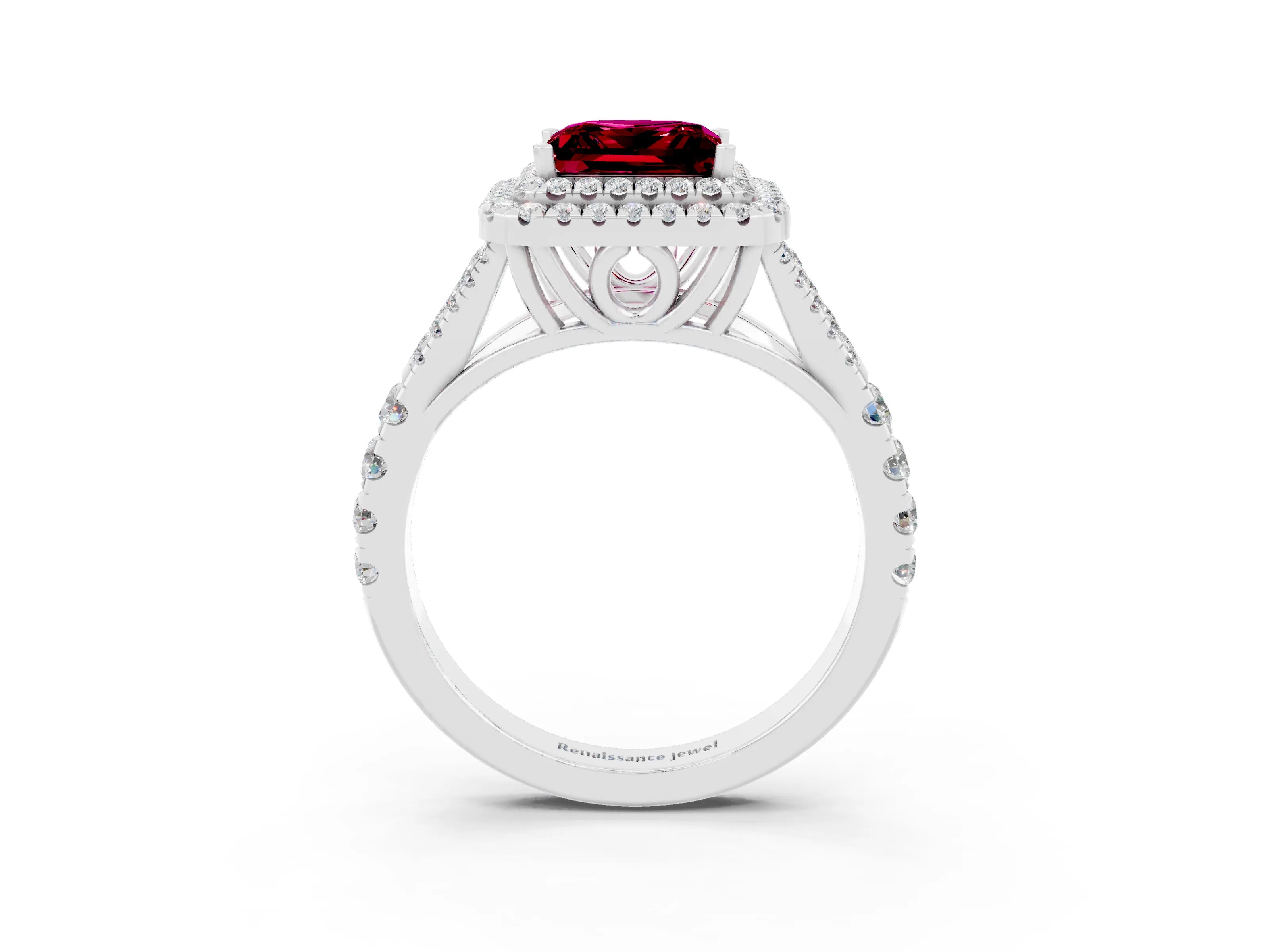White gold Double Halo Princess Cut Garnet Split Shank Engagement Ring with Four-Prong Setting_3